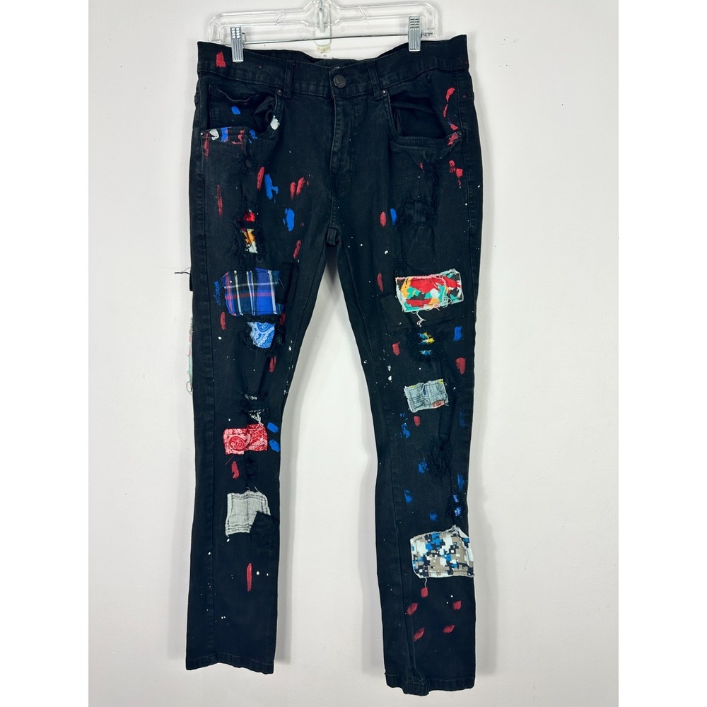 Drvn Mens Jeans Black Paint Splatter Patchwork Sz 34 Slim Leg Punk Grunge Skater